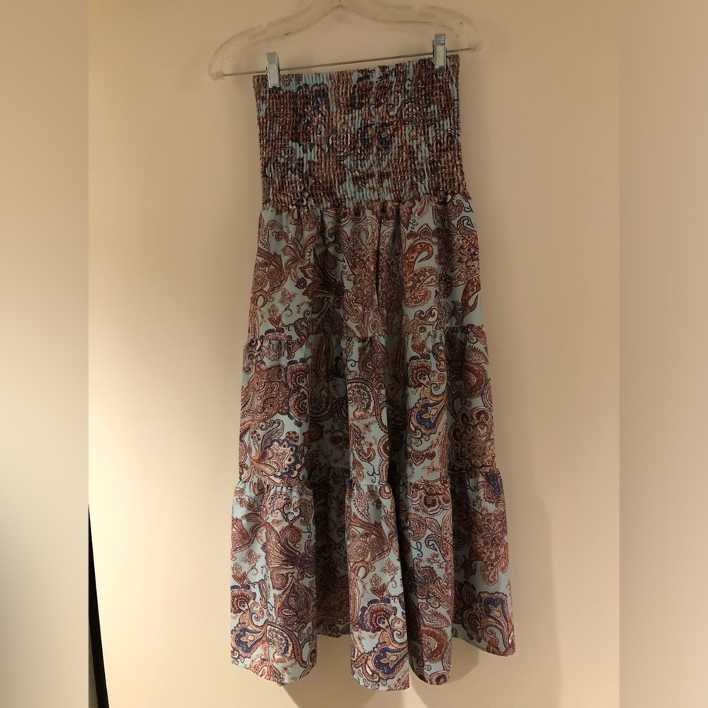 Smocked Waist Paisley Midi Skirt - Blue & Brown